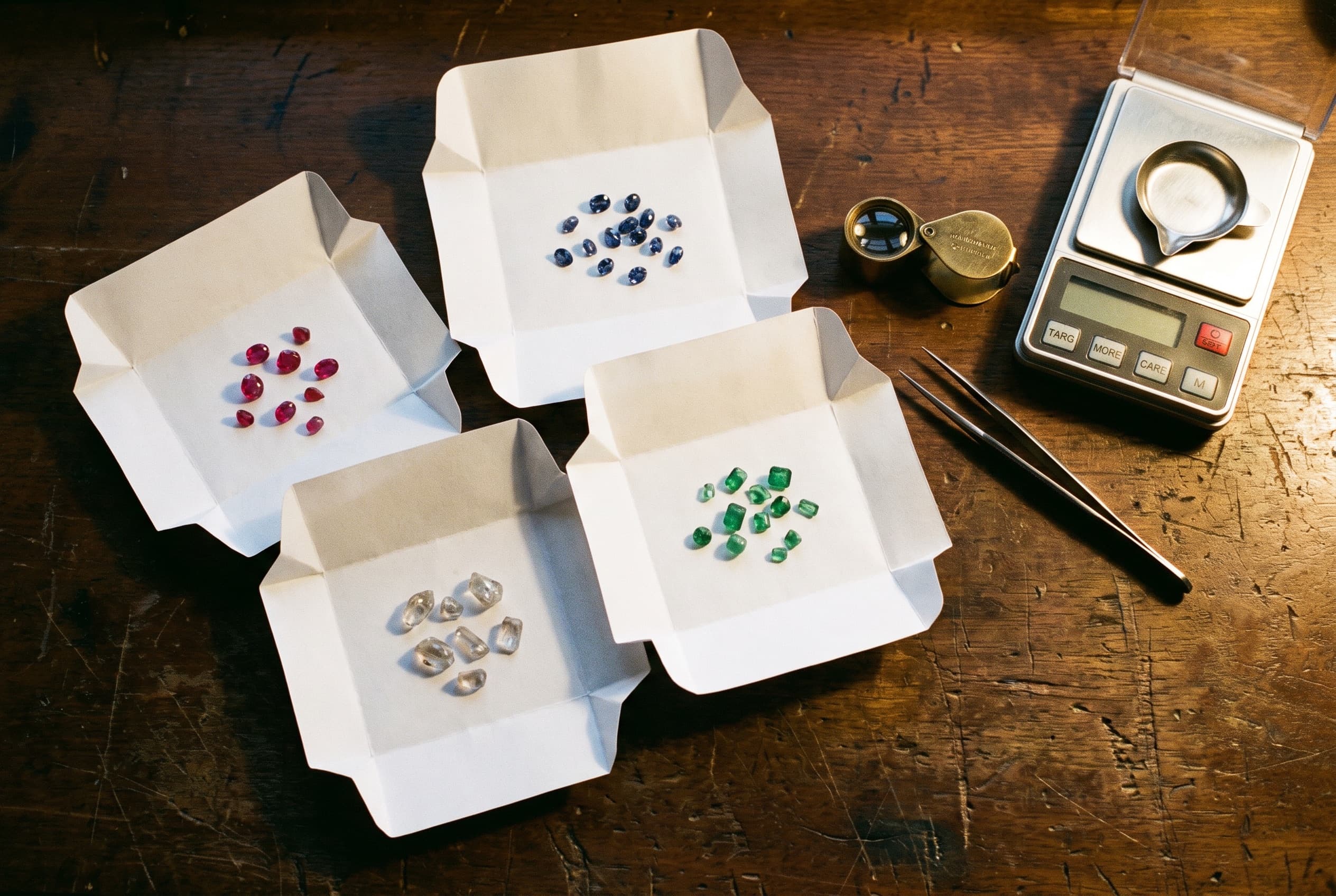 Folded gemstone parcel papers with a loupe and carat scale