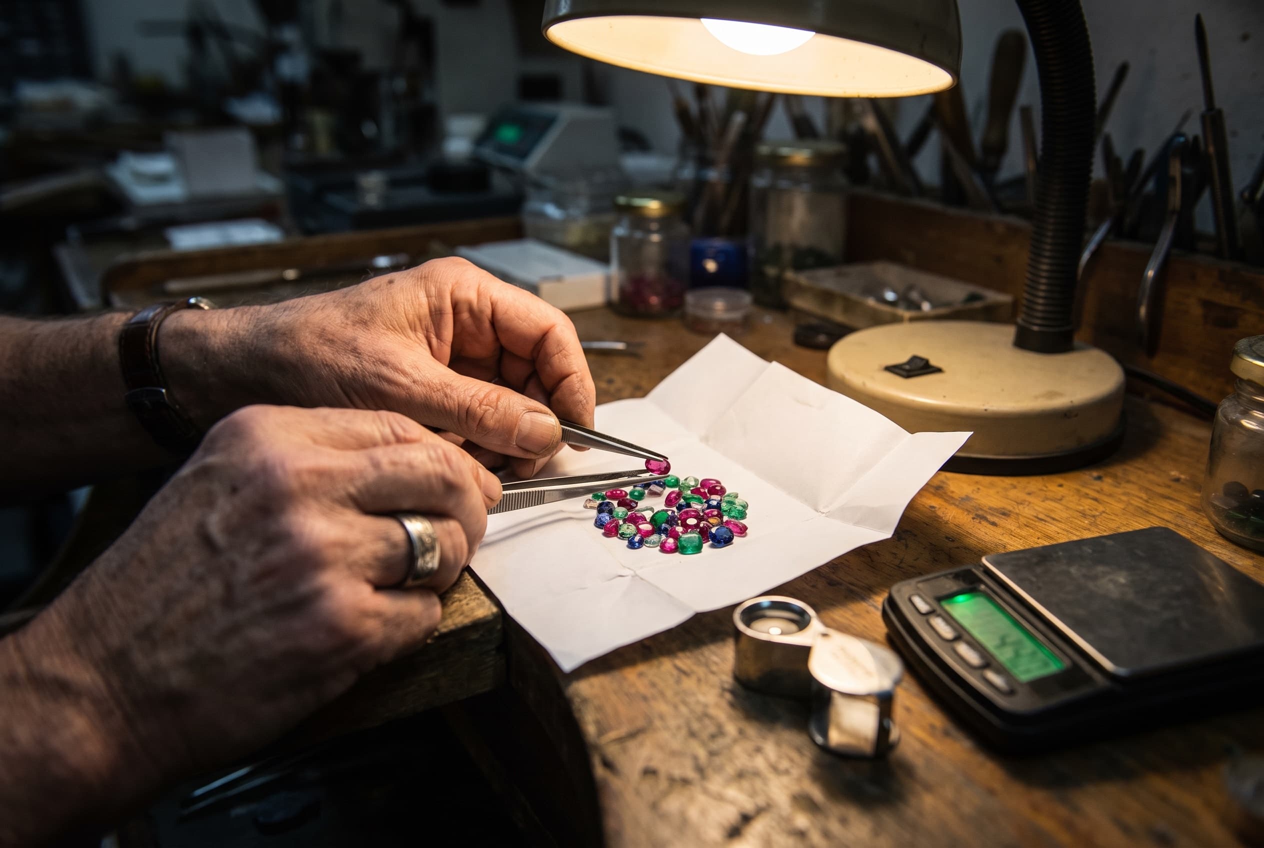 A grader sorting loose colored stones with tweezers